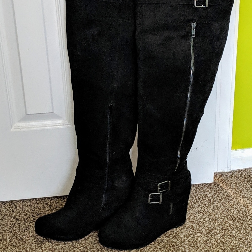 Tall black wedge heel wide calf boots sz 10